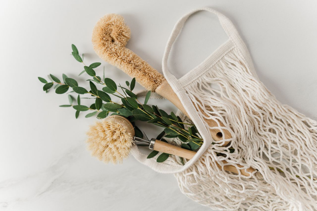 project-01-c Eco-friendly cleaning brushes and eucalyptus branch in a net bag on a marble surface.